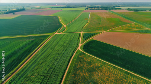Drone Shot of Spring Season Crop Fields and Dirt Roads. Colorful Aerial View of Farmland, Celebrating Earth Day