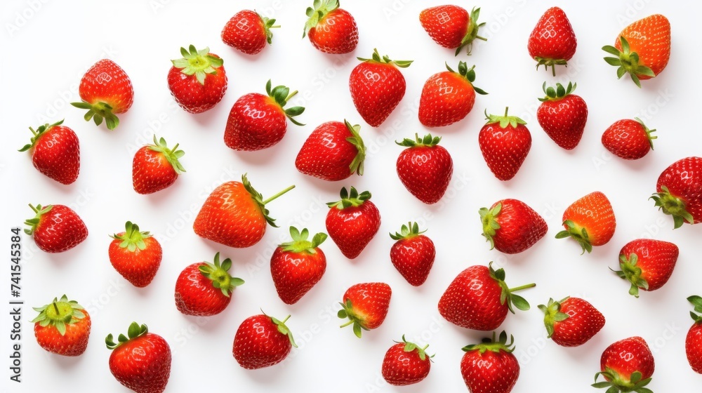 Top view of red fresh ripe delicious strawberries with leaves on an isolated white background. Pattern, Berry Harvesting, Plantation, Farming, Agriculture, Organic Food concepts. Top view of red fresh ripe delicious strawberries with leaves on an isolated white background. Pattern, Berry Harvesting, Plantation, Farming, Agriculture, Organic Food concepts.
