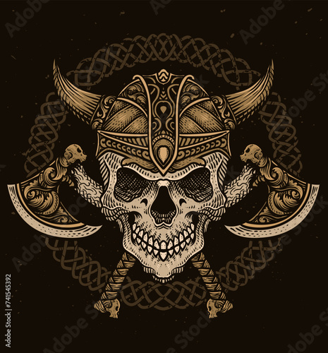 Isolated viking skull head with two ax weapon, T shirt design, Tattoo design, vector illustration