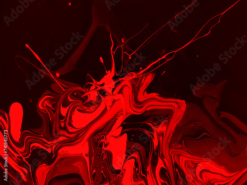Scary splashes and flow of red paint on black background