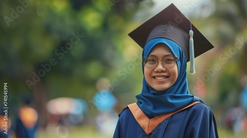 Celebrate academic achievement and cultural diversity with an image of a smiling Malay woman graduate in graduation attire. Generative AI technology photo