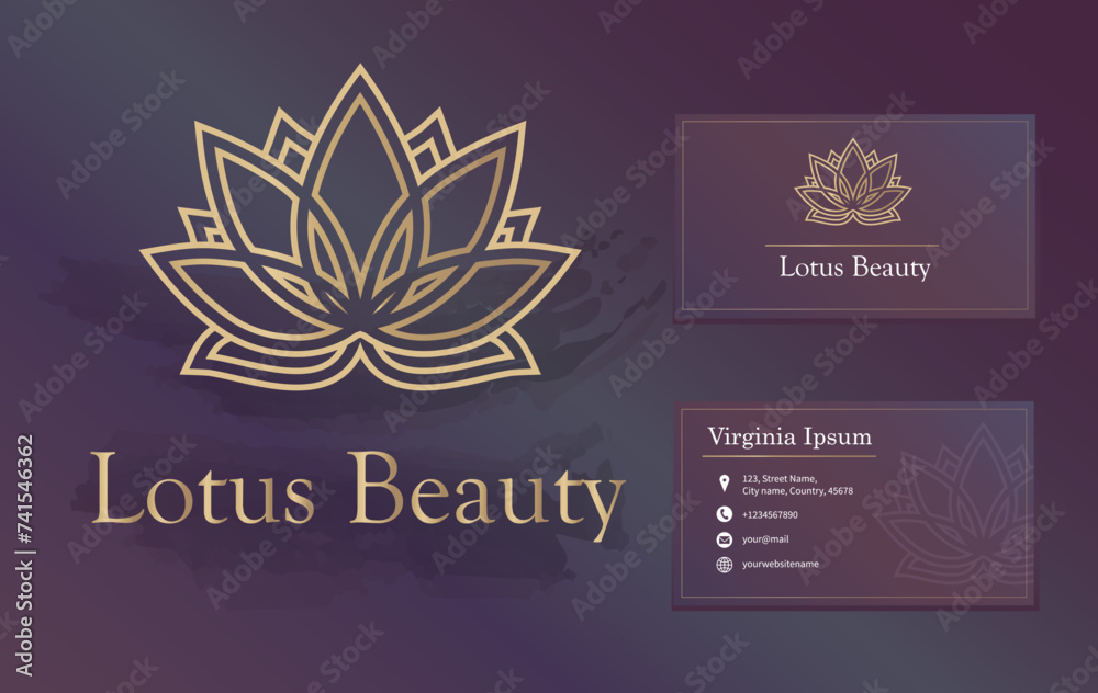 Beauty or spa salon, yoga, wellness, meditation logo with business card design. Lotus luxury gold flower vector logo Beauty or spa salon, yoga, wellness, meditation logo with business card design. Lotus luxury gold flower vector logo