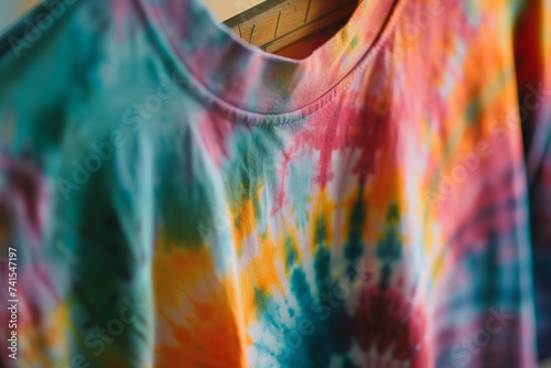 closeup of a tiedye tshirt on a hanger