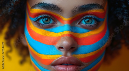 Portrait of a girl with body art face with extravagant blue color and fashionable orange glasses, Concept: bold and expressive fashionable image of individuality and modernity