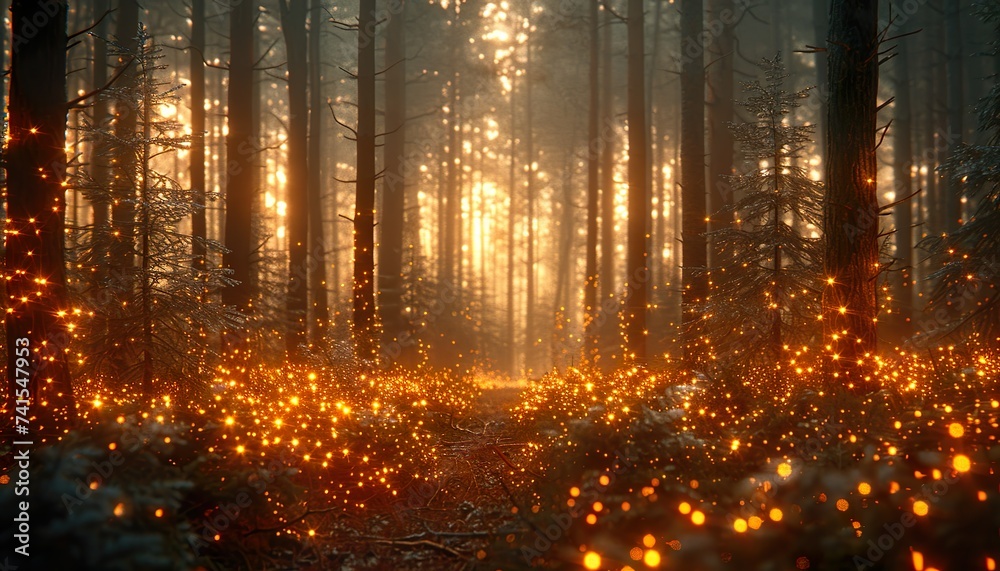 Fototapeta premium Magical forest with christmas trees and glowing lights