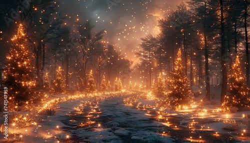 Magical forest with christmas trees and glowing lights