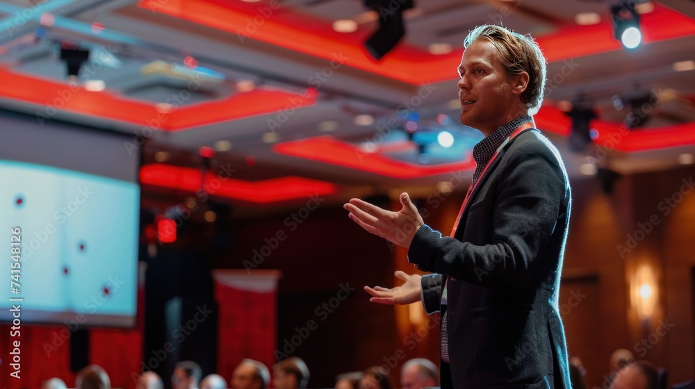 Public Speaker Presenting at Red-Lit Conference. A confident public speaker engaging with the audience during a presentation at a business conference with red lighting ambiance.