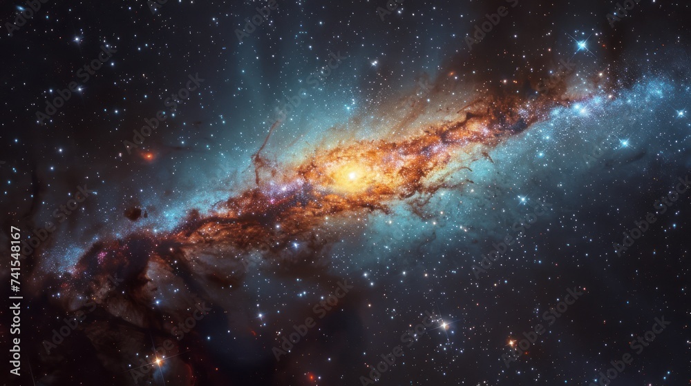 Obraz premium Vast Galaxy with Brilliant Stars and Cosmic Dust. The mesmerizing beauty of a galaxy filled with brilliant stars, swirling cosmic dust, and vibrant nebulae in deep space.