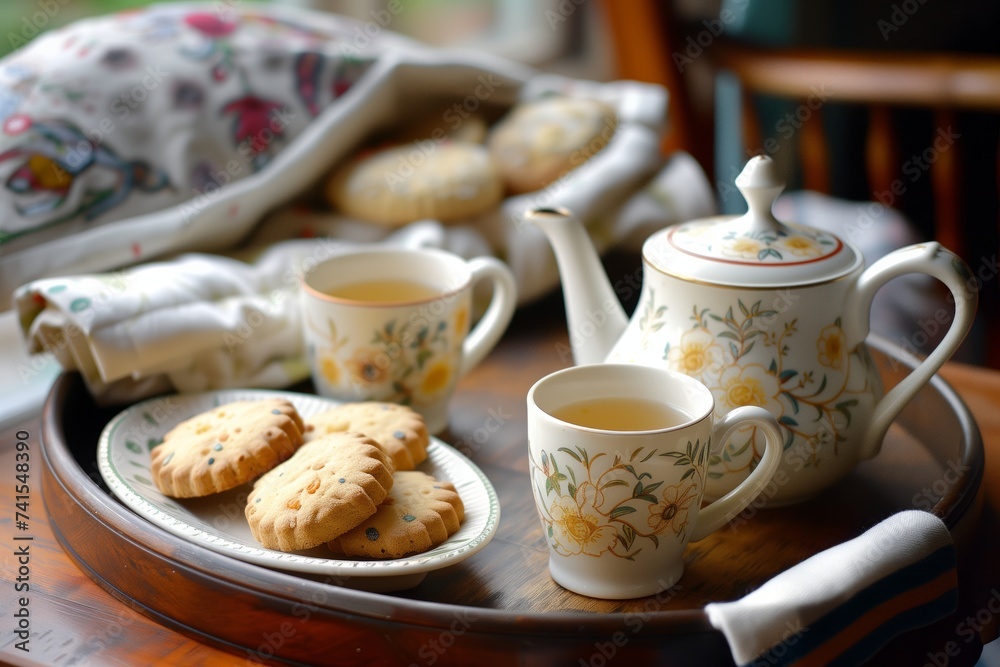 teapot and cups on a tray, served with a plate of biscuits