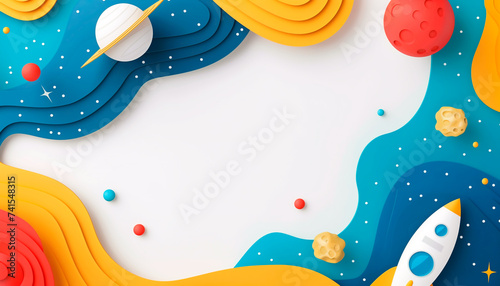 Abstraction on a space theme along the edges, in the center there is free space for text, illustration of a rocket, planet and stars