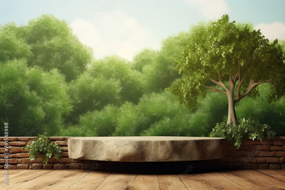 Bonsai Tree Arbor with Empty Ceramic Podium. Earth Day Concept, Copy Space for Text, Nature Background