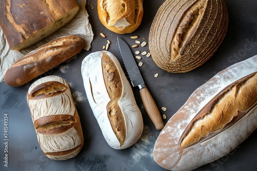 table with different bread loaves and a bread knife