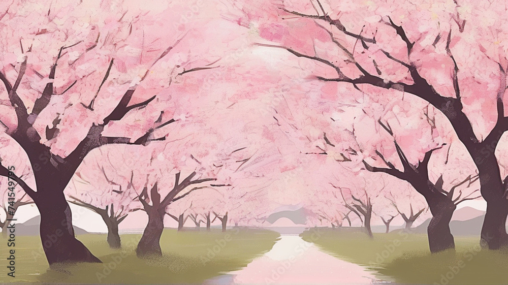 Vast cherry blossom orchard with blossoms gently falling in the breeze and empty path way