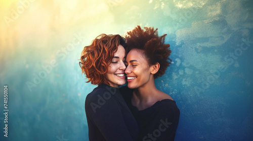 Happy lesbian couple in love LGBT concept women romantic relationship multiracial family together photo