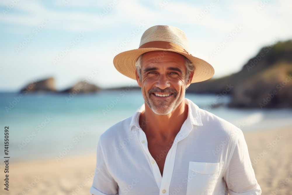 Portrait of happy senior man in hat standing on beach at sunrise