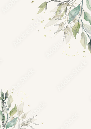 Cover with Watercolor Vector Green Leaves. Background without text for Wedding Invitation, Flyers, Banners. Vector