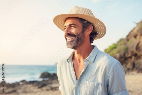 Portrait of a handsome man in straw hat smiling at the beach photo