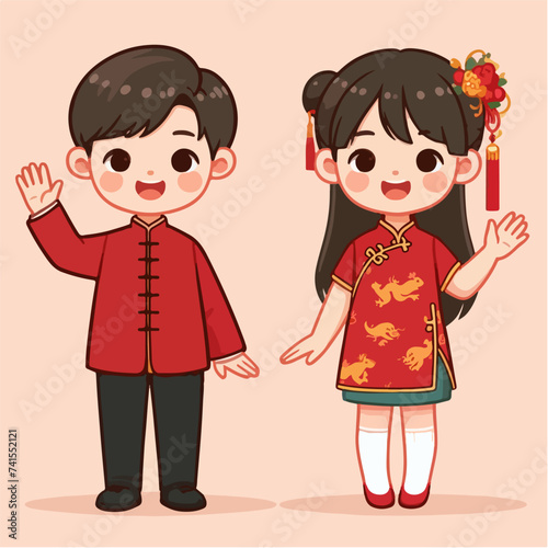 young Chinese couple waving hand
