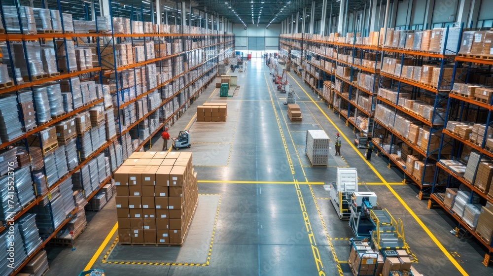The bustling distribution warehouse hums with activity as warehouse workers diligently prepare freight for transportation.
