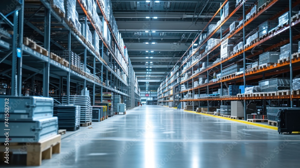 Fototapeta premium The bustling distribution warehouse hums with activity as warehouse workers load and unload freight for efficient transportation.