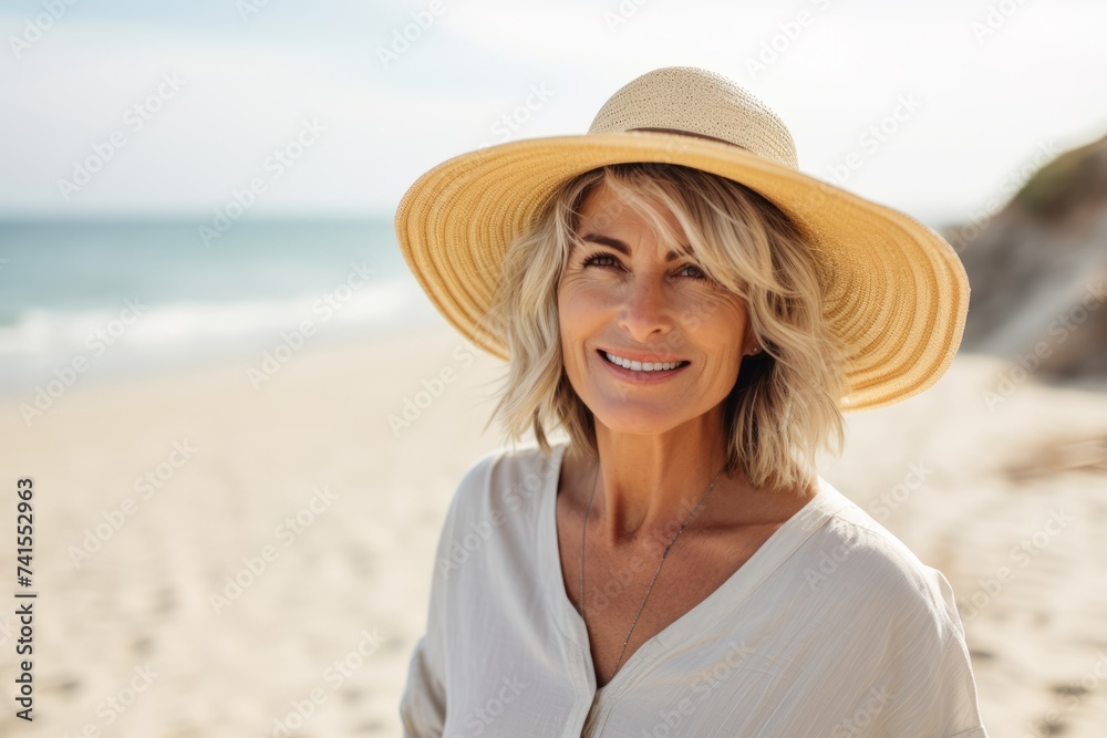 smiling mature woman in straw hat and white blouse on beach