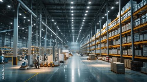 The bustling distribution warehouse hums with the synchronized movements of warehouse workers ensuring the smooth flow of freight transportation operations.