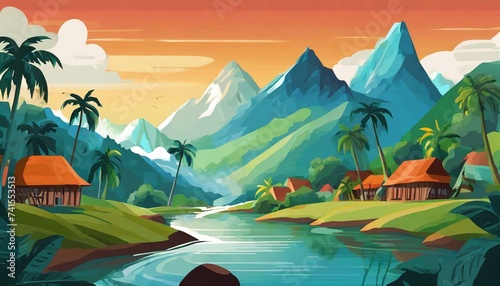 Tropical mountain view with river and forest in flat art design