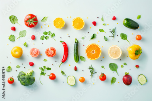 Array of colorful fresh vegetables and fruits arranged in a flat lay.