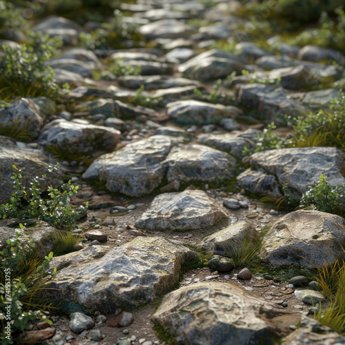 Flat rocky pathway, stone-paved pathway, rock-paved pathway