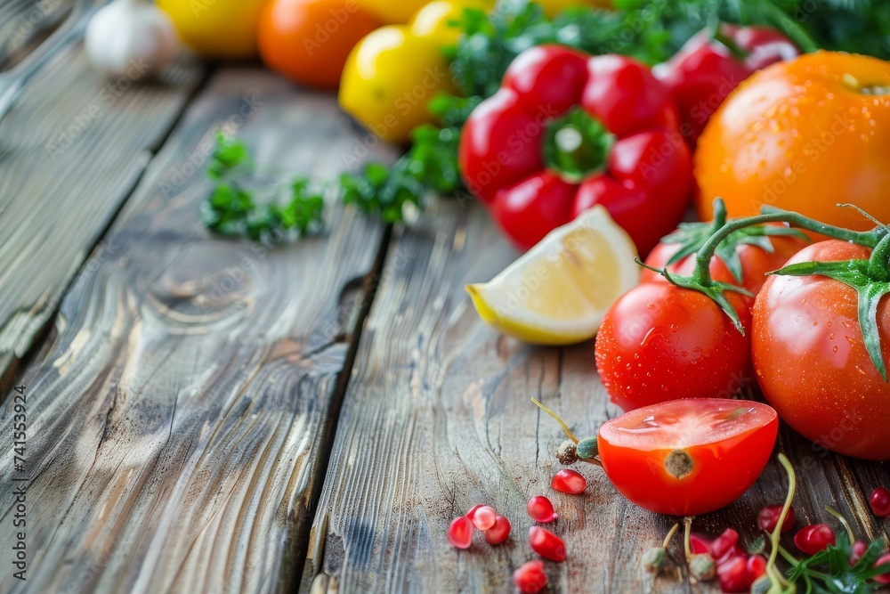 A colorful array of natural foods, including juicy cherry tomatoes and nutrient-rich superfoods, sit on a wooden table outdoors, embodying the principles of vegan and vegetarian diets and promoting t A colorful array of natural foods, including juicy cherry tomatoes and nutrient-rich superfoods, sit on a wooden table outdoors, embodying the principles of vegan and vegetarian diets and promoting t