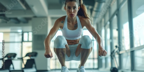 young fit woman exercising doing jump squat Fitness female athlete in gym
