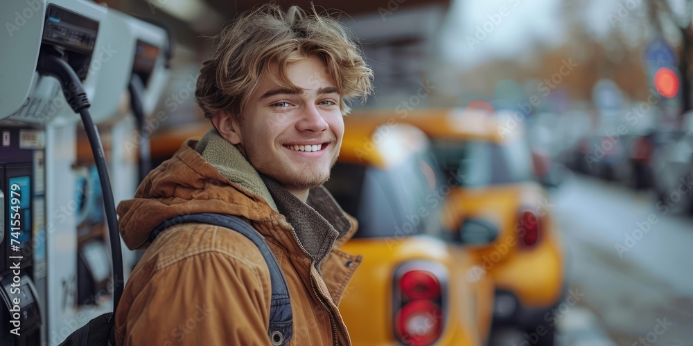 Obraz premium Happy Young Man using, talking on phone while recharging EV car battery at charging station