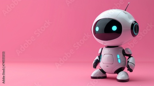 3D Chatbot GPT Mascot. Solid Pink Minimalist Banner with White Robot Assistant. Futuristic Technology. Wide format with copy space. AI Generated