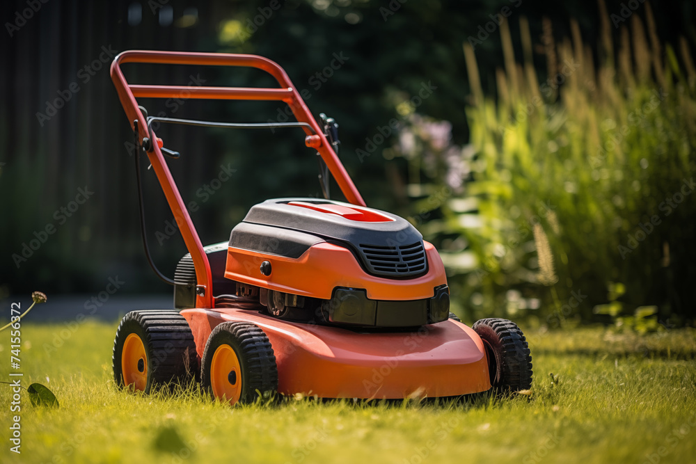 Lawn mower on the grass in the garden. Gardening Lawn mower on the grass in the garden. Gardening