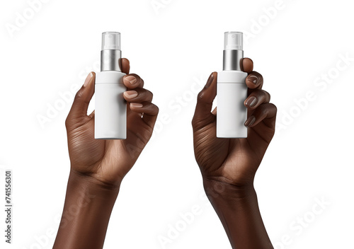 person holding a cosmetic bottle no background, png format. 