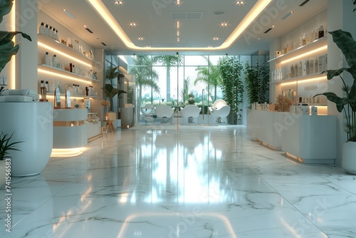 A beauty salon headquarters office with a modern interior design of the retail and lobby area