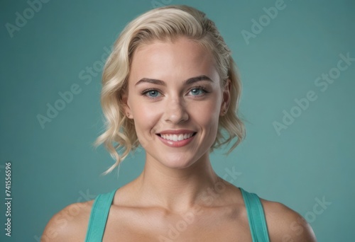 A blonde woman with short hair and a captivating smile. Studio shot with a blue background.