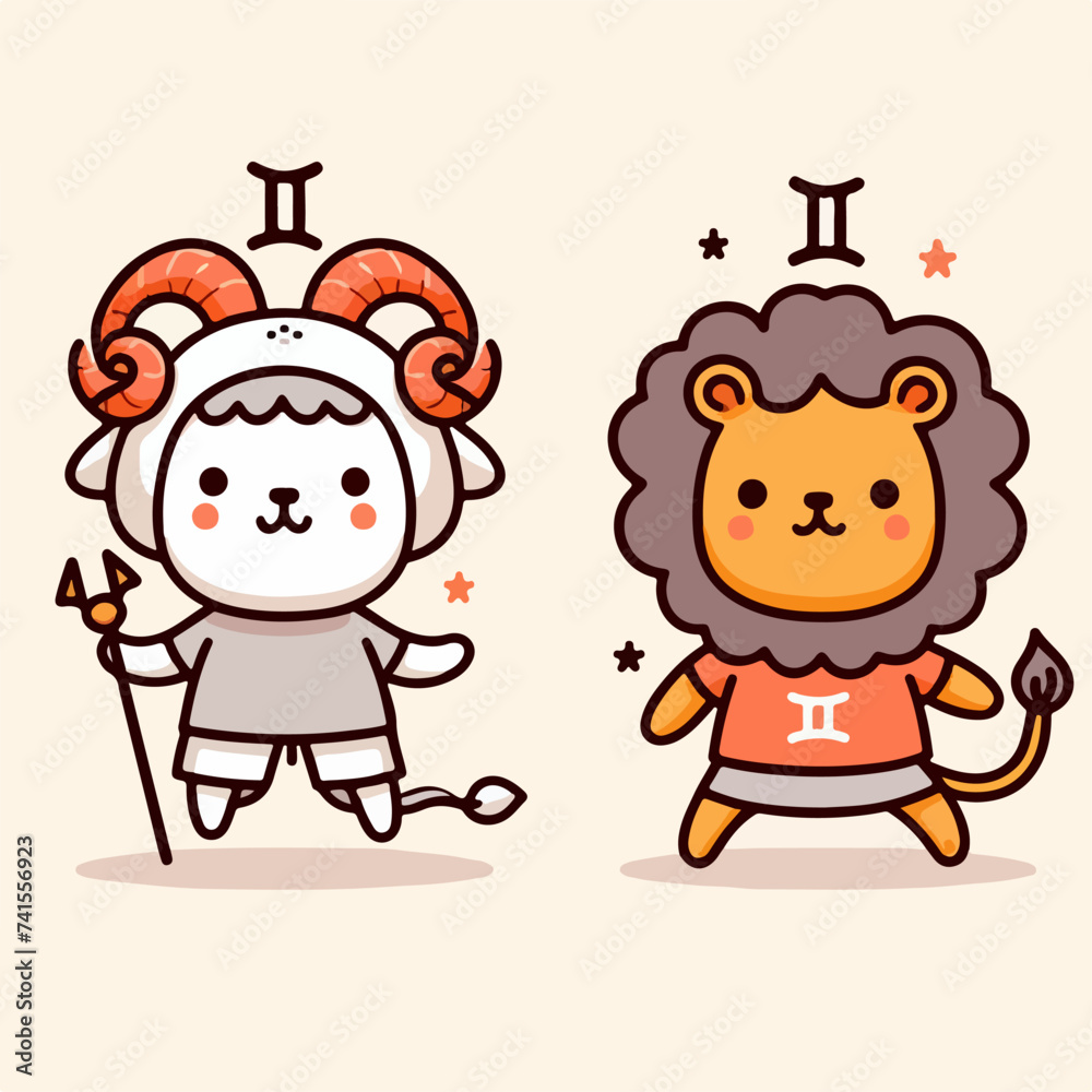 gemini goat and lion zodiac sign cartoon illustration