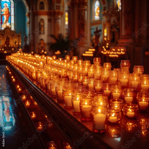 many Burning candles in a church close-up.