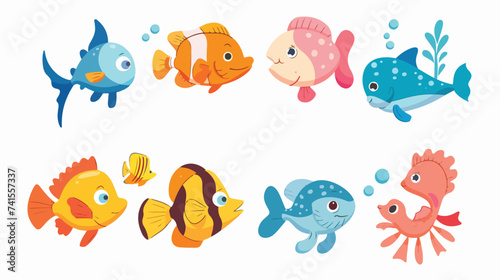 Cute fish icon set. Cartoon kawaii funny characte