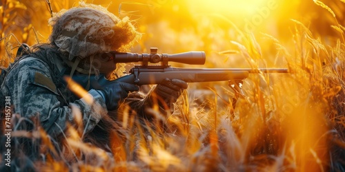 A sniper with a sniper rifle in a camouflage suit hides in the grass and aiming