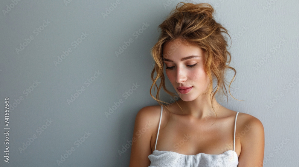 Happy pretty young european woman beauty of fashion model on background. Smiling girl with healthy pure skin and beautiful hair advertising skincare haircare or cosmetic product. Closeup face portrait Happy pretty young european woman beauty of fashion model on background. Smiling girl with healthy pure skin and beautiful hair advertising skincare haircare or cosmetic product. Closeup face portrait