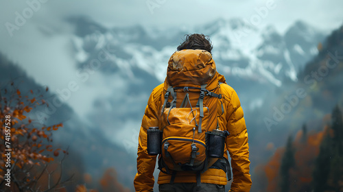 Picture from behind of a man in action-packed hiking adventure clothes. Survive with hiking equipment