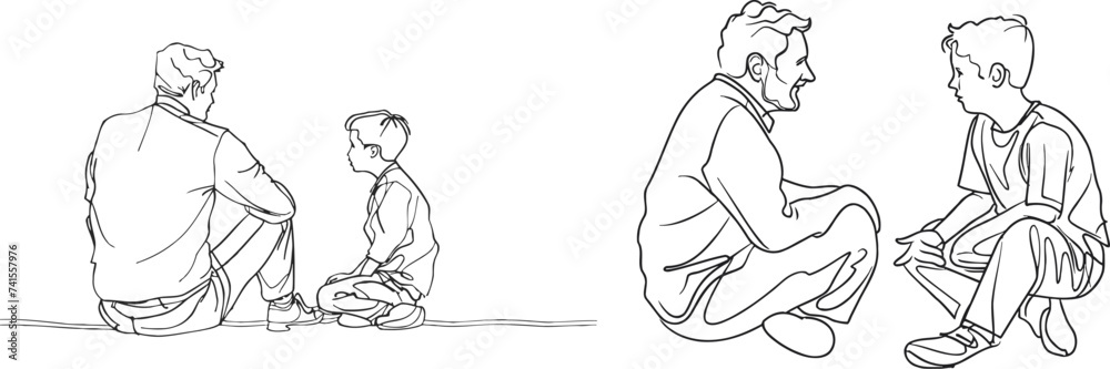 Continuous line drawing of father and son sit and talk