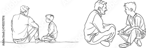 Continuous line drawing of father and son sit and talk