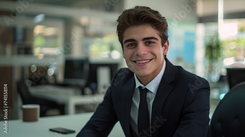 Portrait of young hispanic businessman inside office  boss in business suit smiling and looking at camera  experienced satisfied man at workplace at desk.
