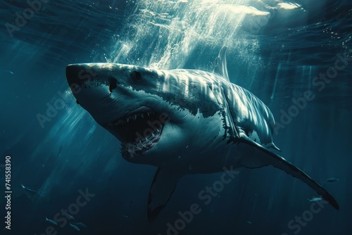a fierce great white shark in the sea photo