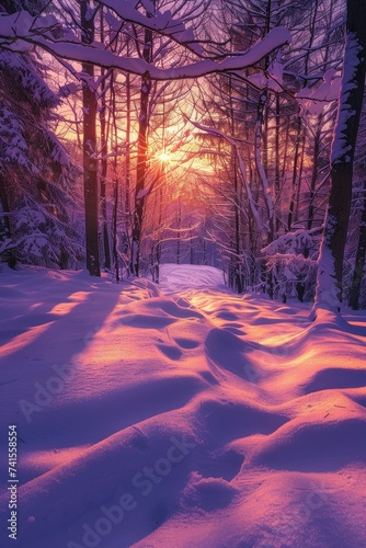 pines covered in snow in winter at sunset 