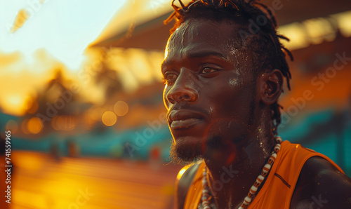 Close-up portrait of sweaty African runner at competition after 400m race in stadium on sunset