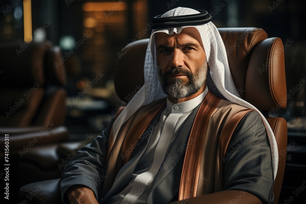 Adorned in traditional Arab attire, a distinguished businessman spearheads a strategic meeting in his office, symbolizing leadership and cultural pride